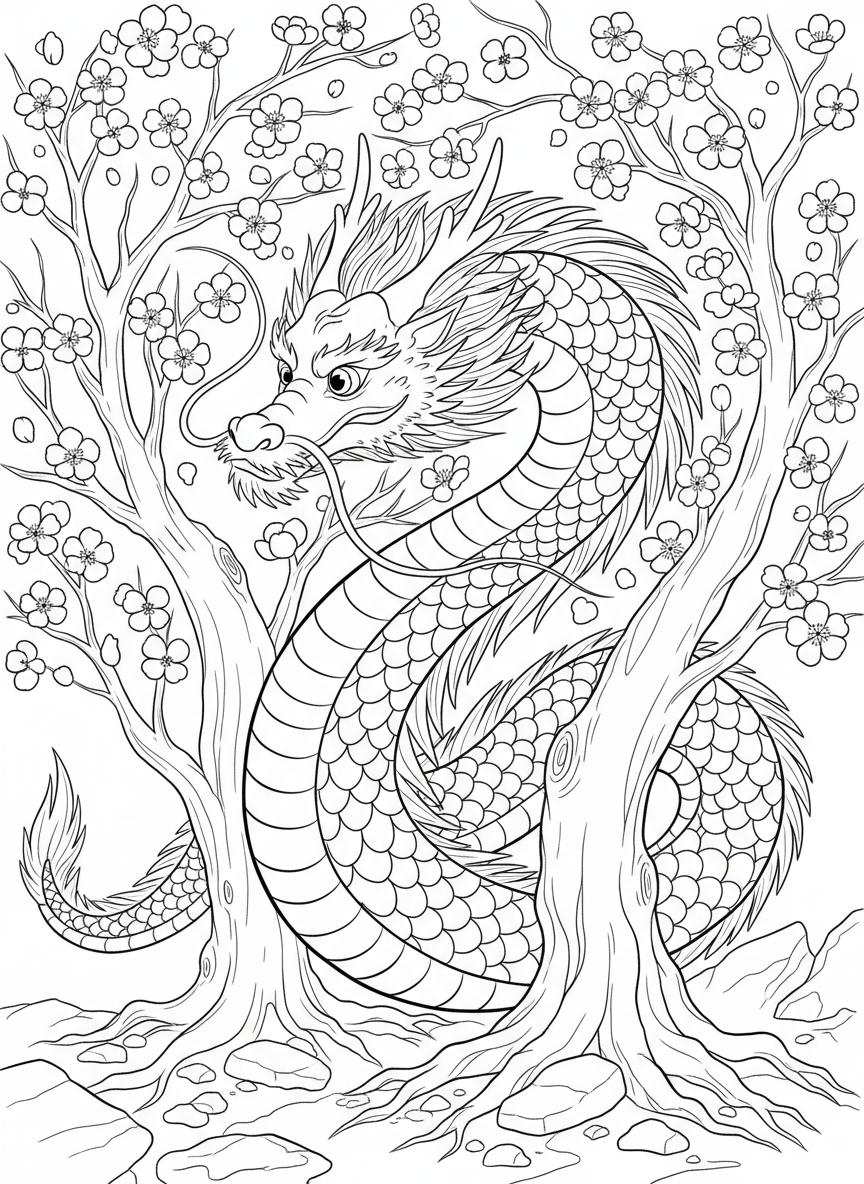 A Chinese-style dragon with long serpentine body weaving through cherry blossom trees, with scales and whiskers detailed for coloring.