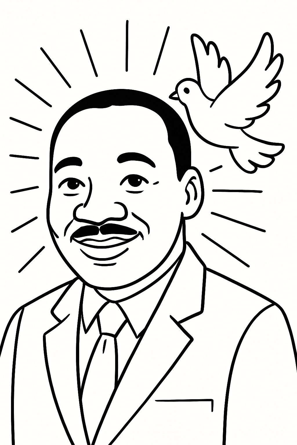 Close-up portrait of Martin Luther King Jr. smiling gently, wearing a suit, framed by a soaring dove symbolizing peace above his shoulder, rays of light behind him, expression of hope, wisdom, and compassion