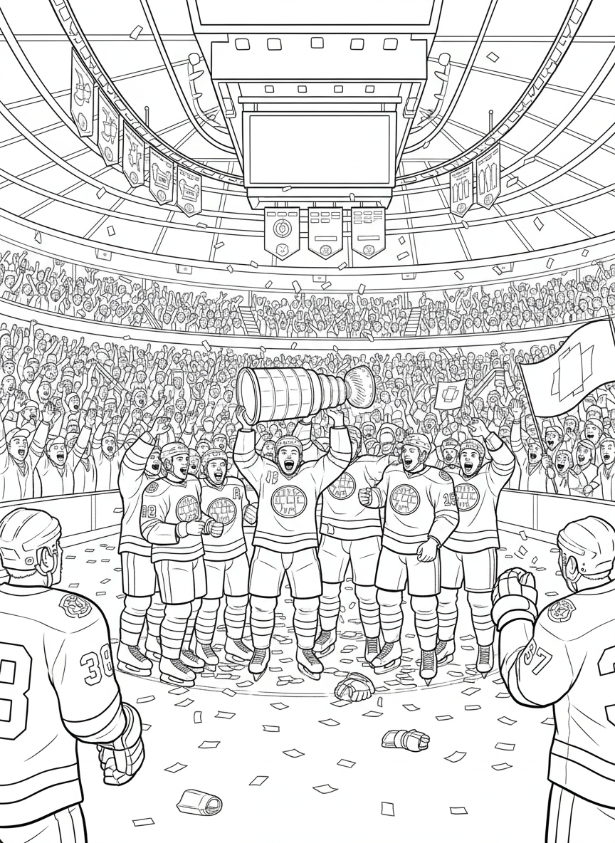 Stanley Cup Finals coloring page prompts capturing intense hockey action, frozen arenas, passionate fans, and championship tradition.	The Stanley Cup presentation at center ice, players surrounding the trophy as confetti falls and the crowd celebrates hockey history.