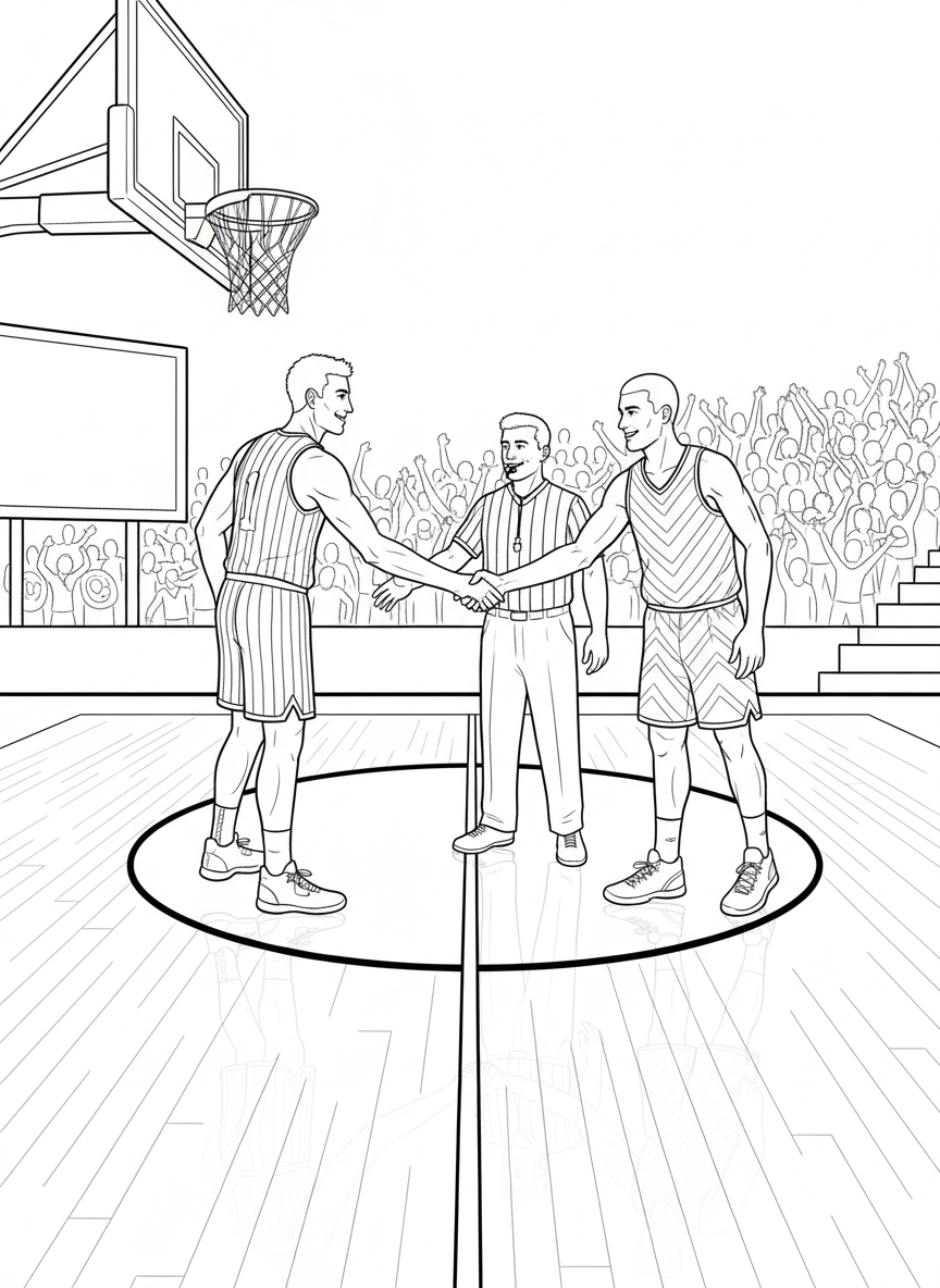 Two players from opposing teams shaking hands at center court before the game, sportsmanship moment, referee nearby.