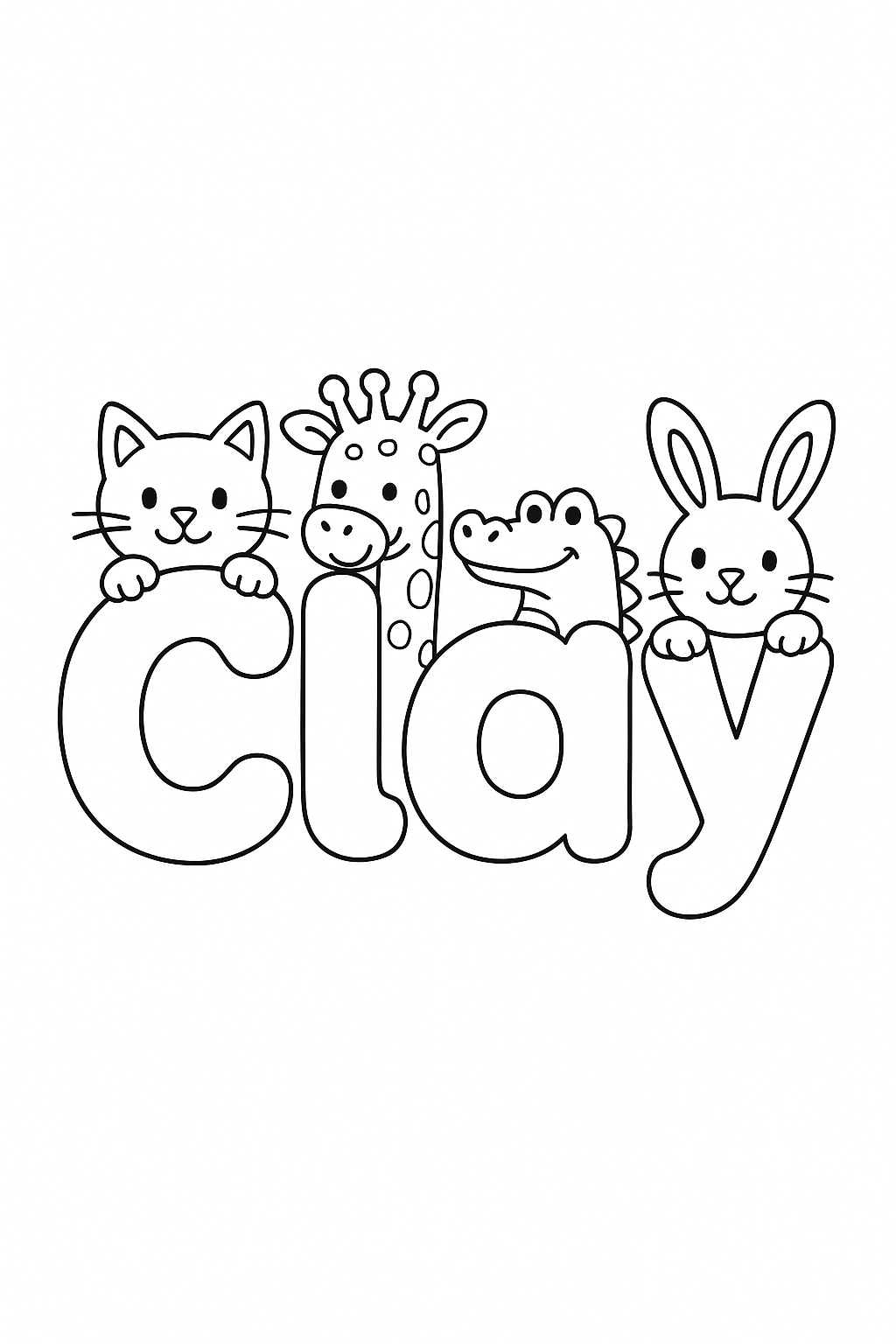 The name “Clay” in bubble letters with cartoon animals peeking out of each letter. make the name all on one line