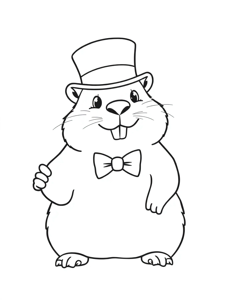 Groundhog Day: Top Hat Phil: A groundhog wearing a fancy formal top hat and a bow tie, waving to a crowd like a gentleman.