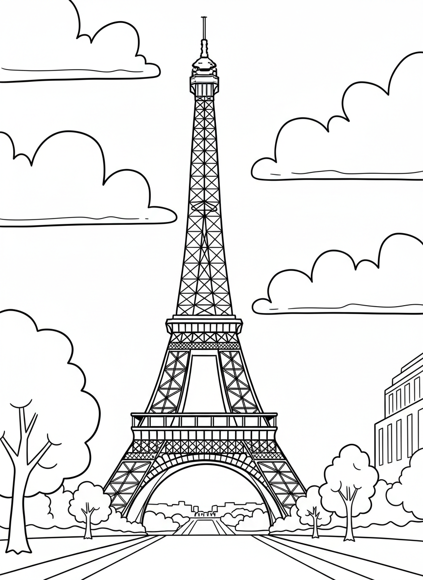 The Eiffel Tower standing tall in Paris with puffy clouds in the sky and a few trees in the foreground, simple line art perfect for coloring.