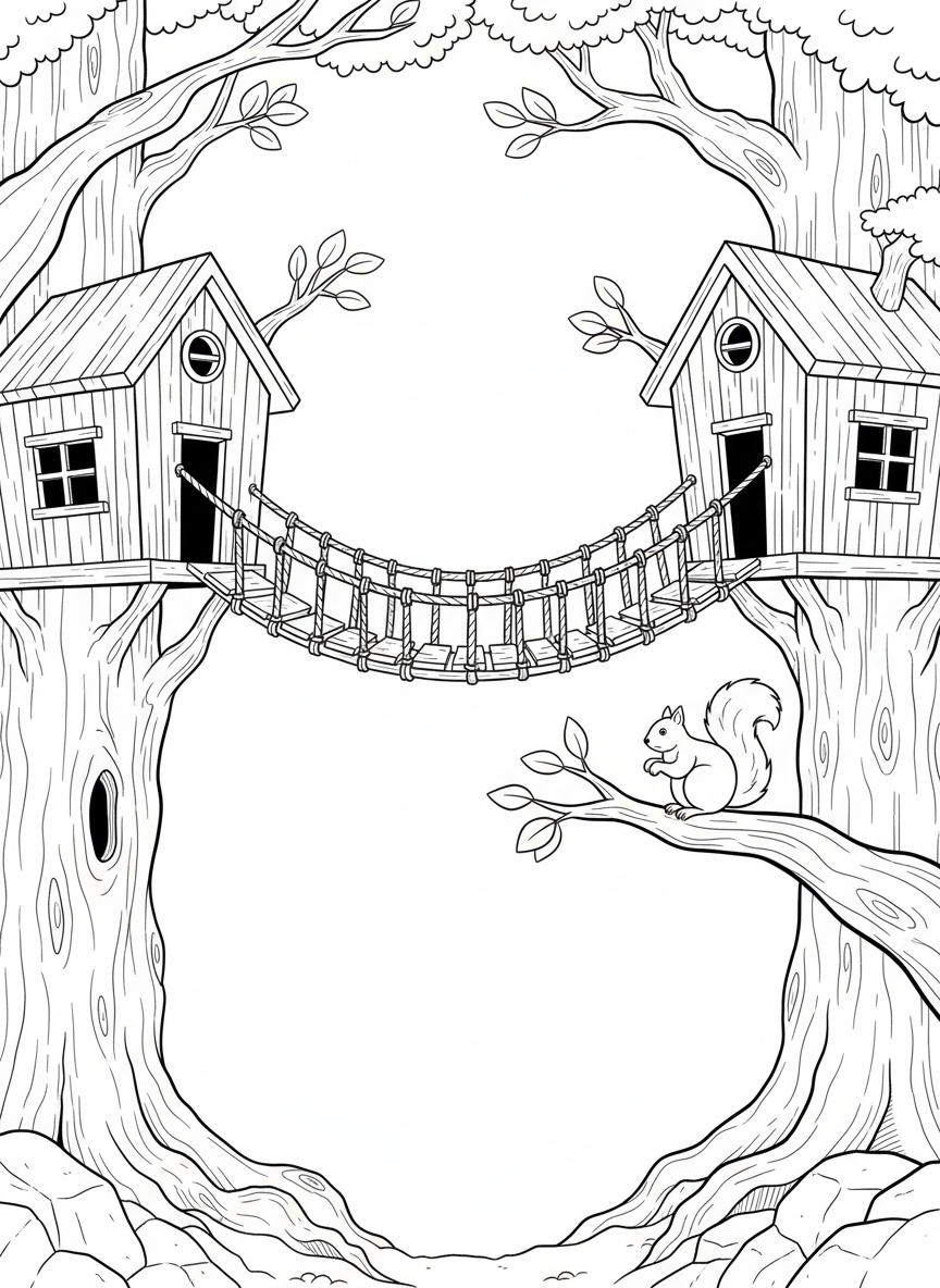 A rope bridge connecting two treehouses high in the branches, with a squirrel watching from a nearby limb