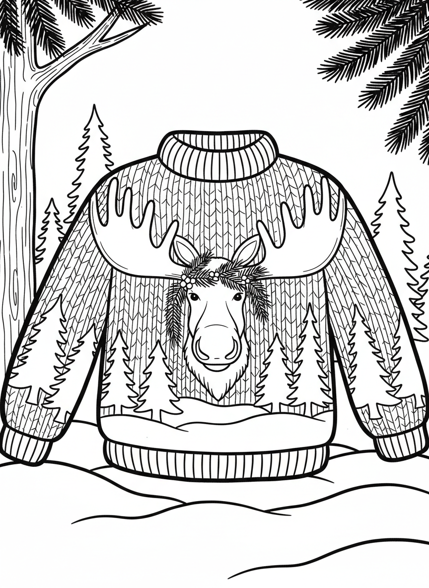 A quirky sweater featuring a moose head with a wreath around its antlers, surrounded by pine tree silhouettes and snowdrifts.