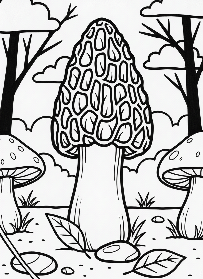A simple morel mushroom with its distinctive honeycomb texture, standing alone for easy coloring.