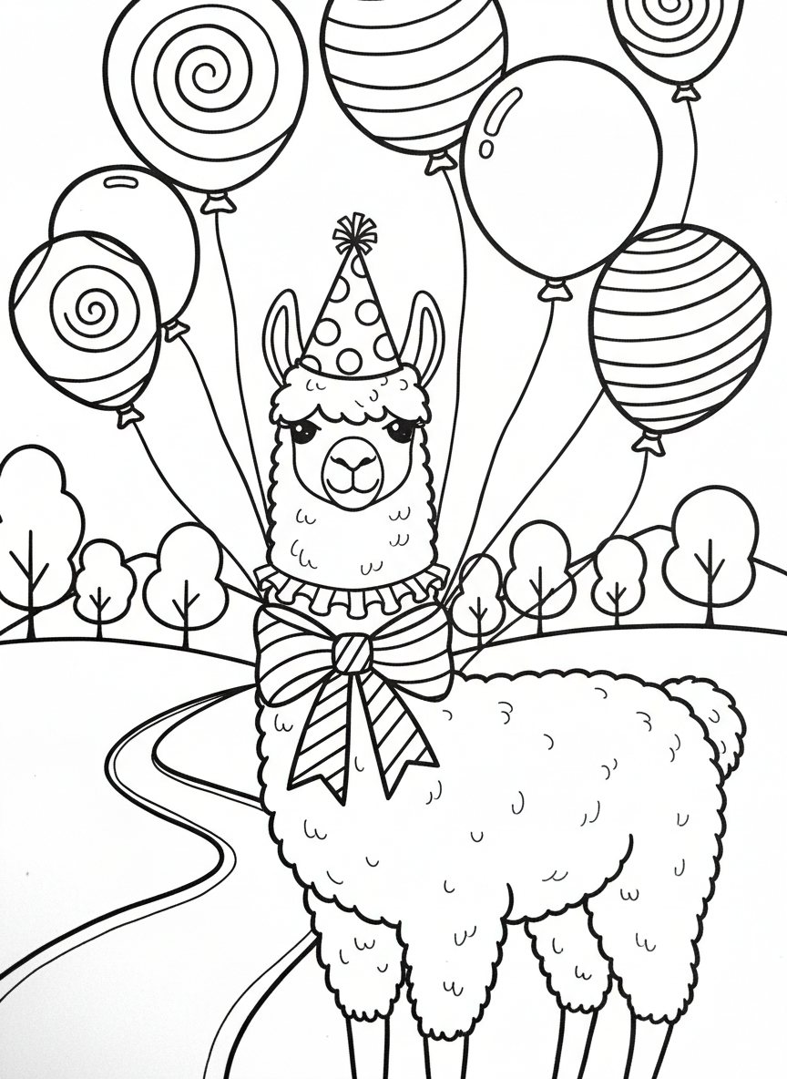 A llama wearing a festive party hat and bow tie, standing proudly with balloons floating nearby.
