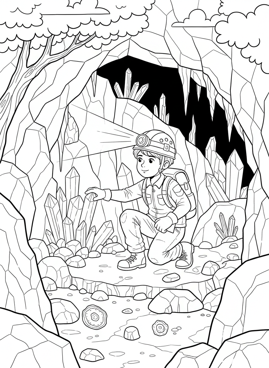 Young rock hound with a headlamp exploring a safe, shallow cave entrance, discovering interesting mineral formations on the walls.