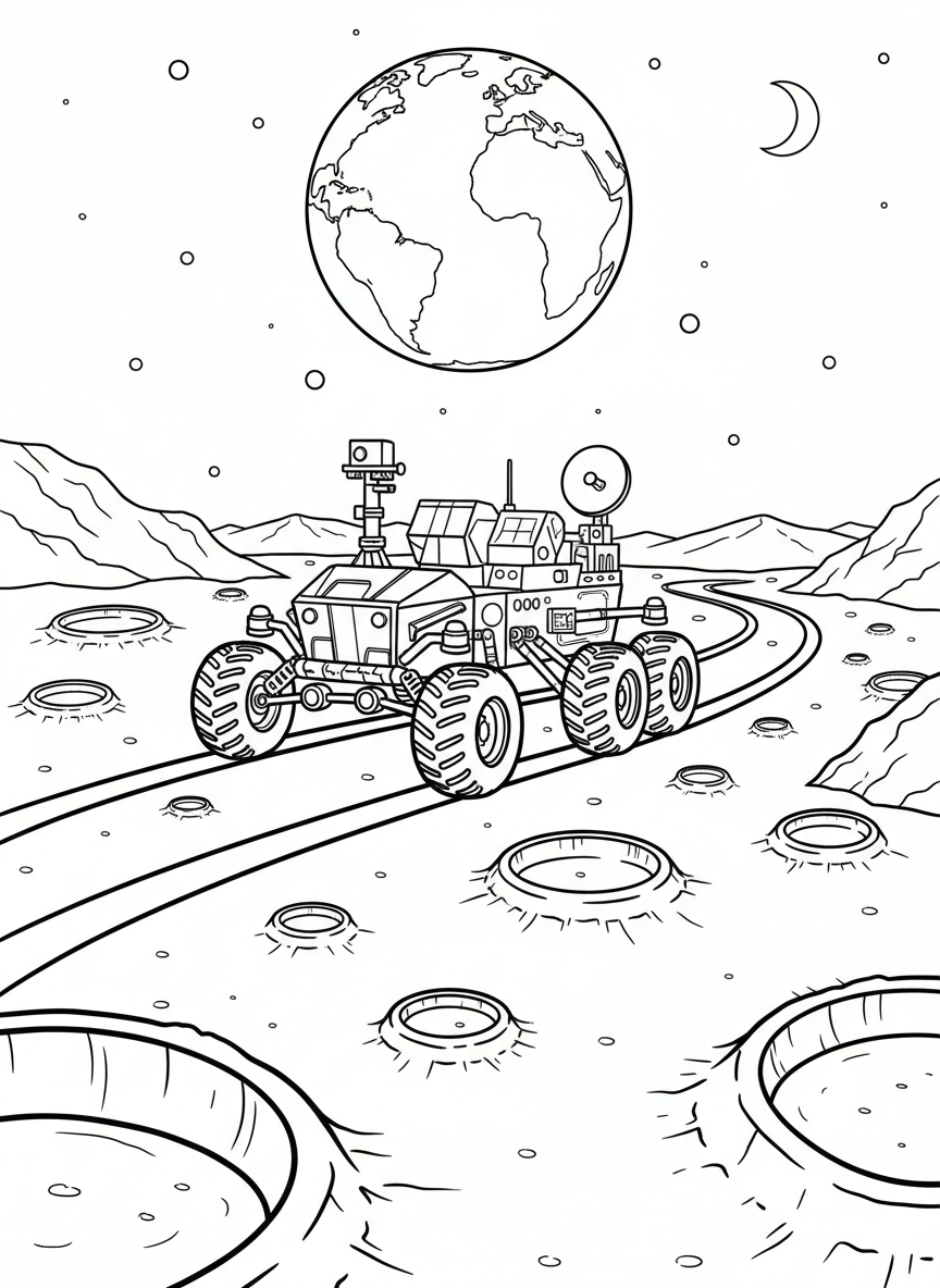 A lunar rover driving across the moon's surface leaving tracks, with craters and Earth visible in the sky above