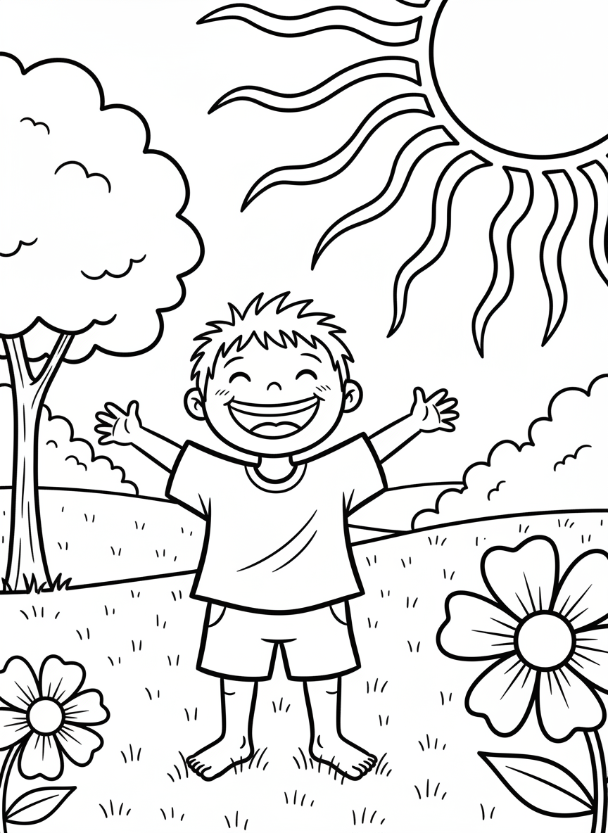 A child standing outside under a bright sun, simple sky with sun rays, grassy ground, happy expression, clean bold outlines, simple shapes, no text, no logos
