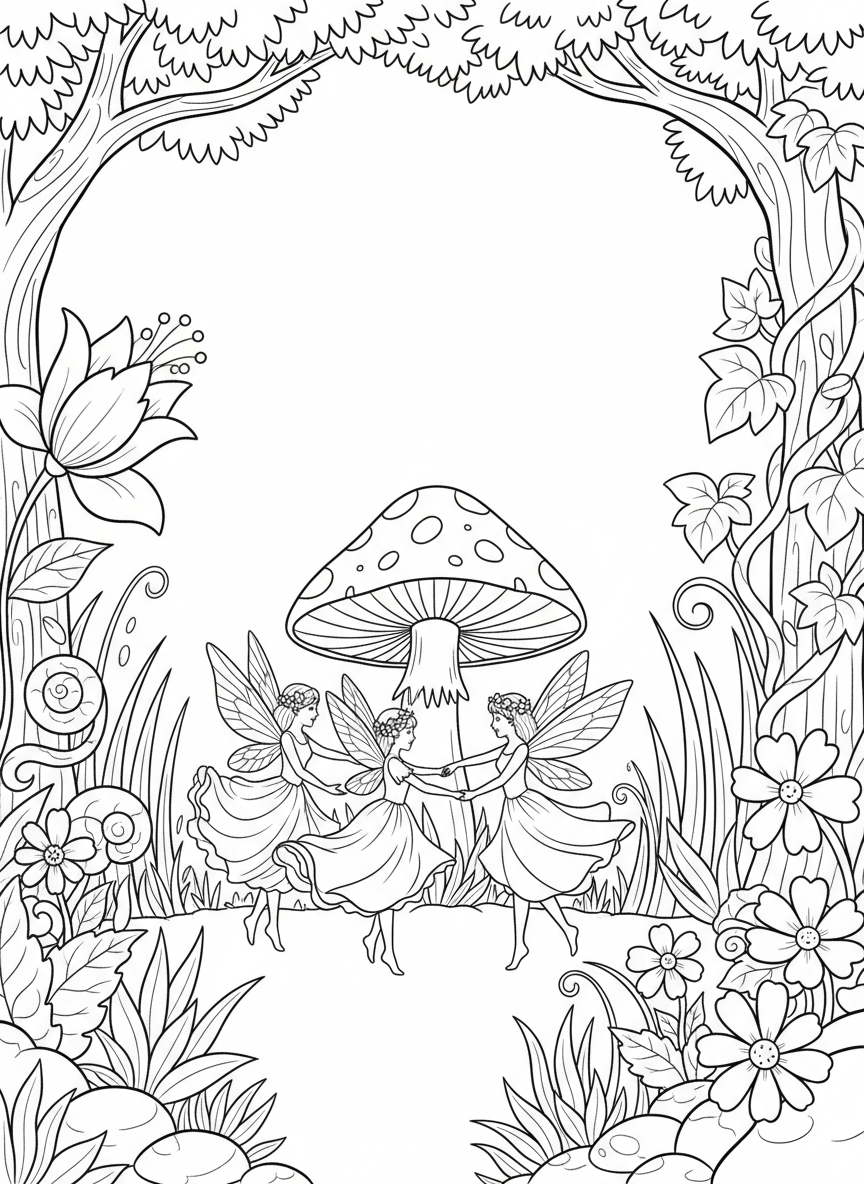 A group of three small fairies dancing around a toadstool in a magical garden with flowers and vines.