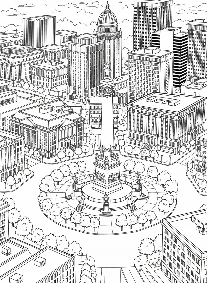 Monument Circle with the Soldiers and Sailors Monument in the center, surrounded by city buildings and trees, bird's eye view.
