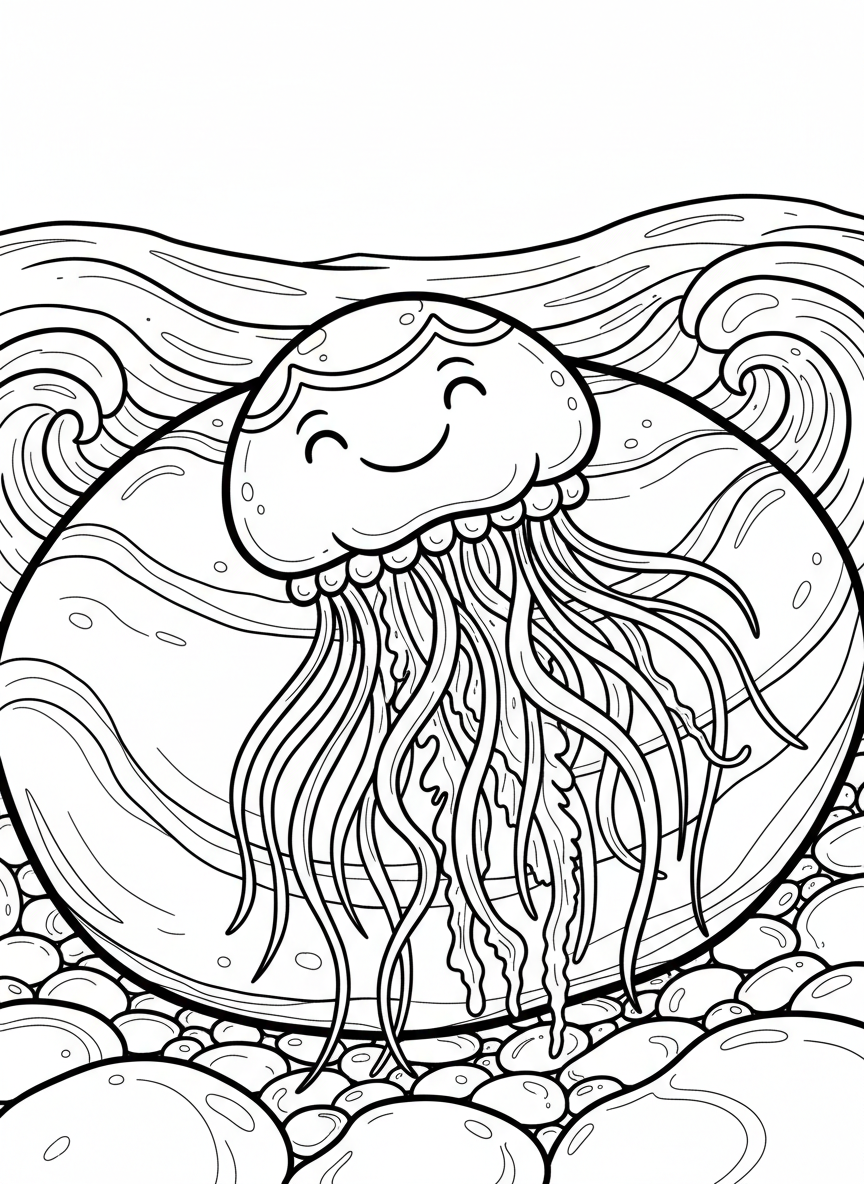A flat rock decorated with a smiling moon jellyfish with flowing tentacles and simple dot patterns on its bell