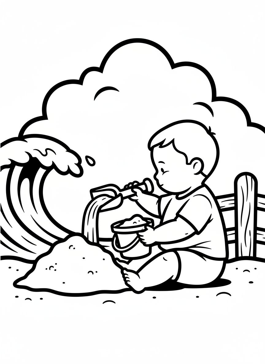 A simple scene of a toddler filling a bucket with sand while sitting next to a basic sand pile and shovel.