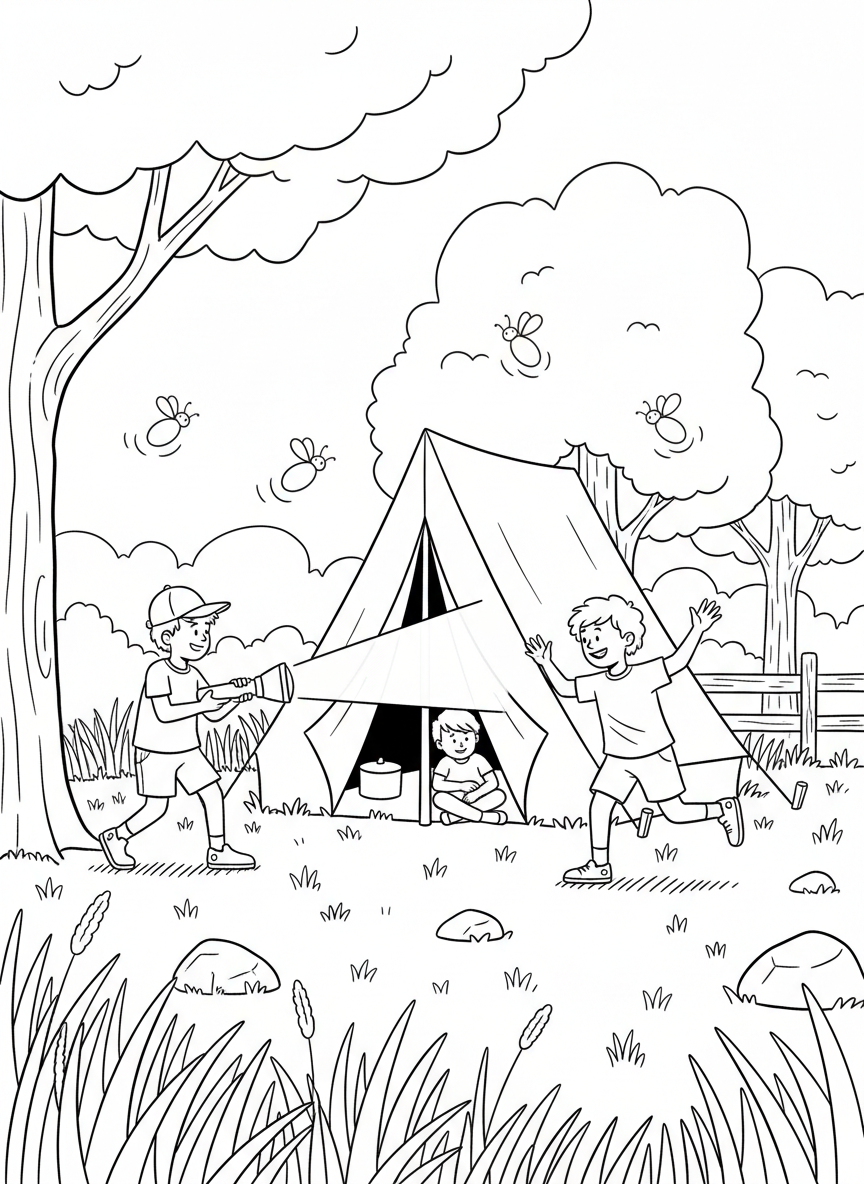 Kids playing flashlight tag around a tent at dusk with fireflies floating in the air around them.