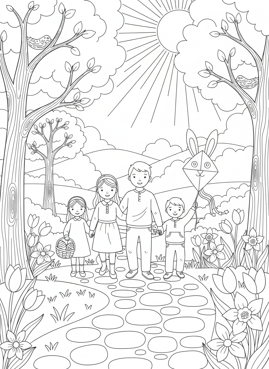 Easter Sunday Morning coloring page prompts capturing calm beginnings, family traditions, and fresh spring light.	An Easter Sunday walk outside, fresh air and spring colors filling the path.