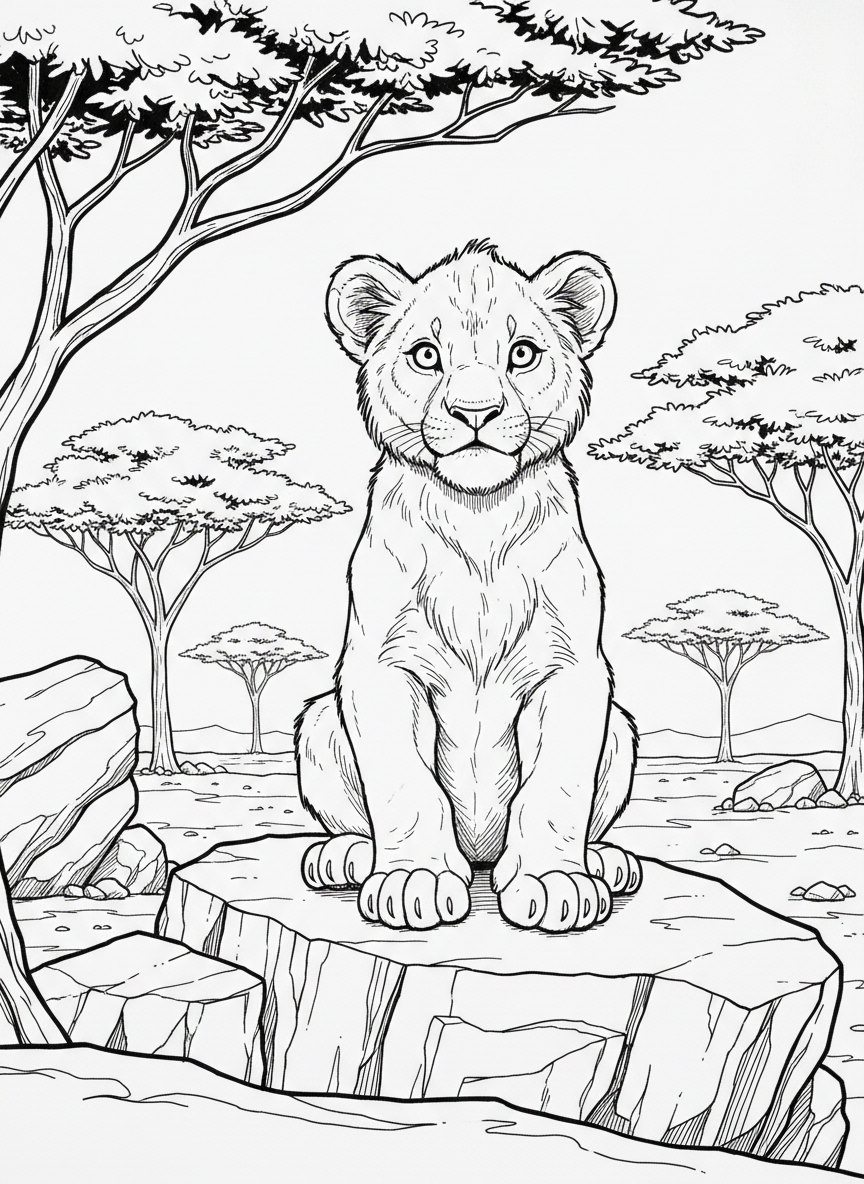 A majestic lion cub sitting on a rock in the savanna with acacia trees in the distance.
