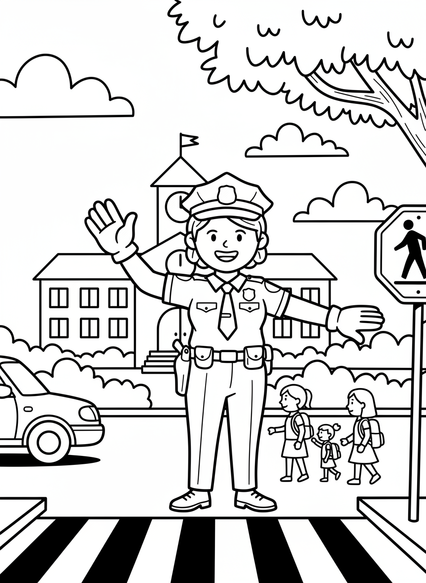 A police officer directing traffic with a friendly wave, showing community helpers who keep us safe every day.