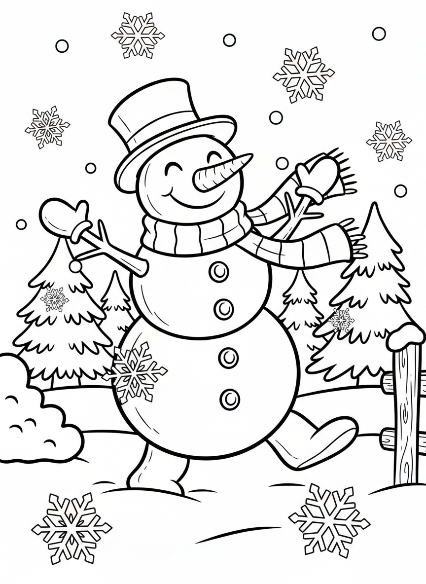 A friendly snowman character with stick arms and a carrot nose, dancing in a winter wonderland with snowflakes falling around him