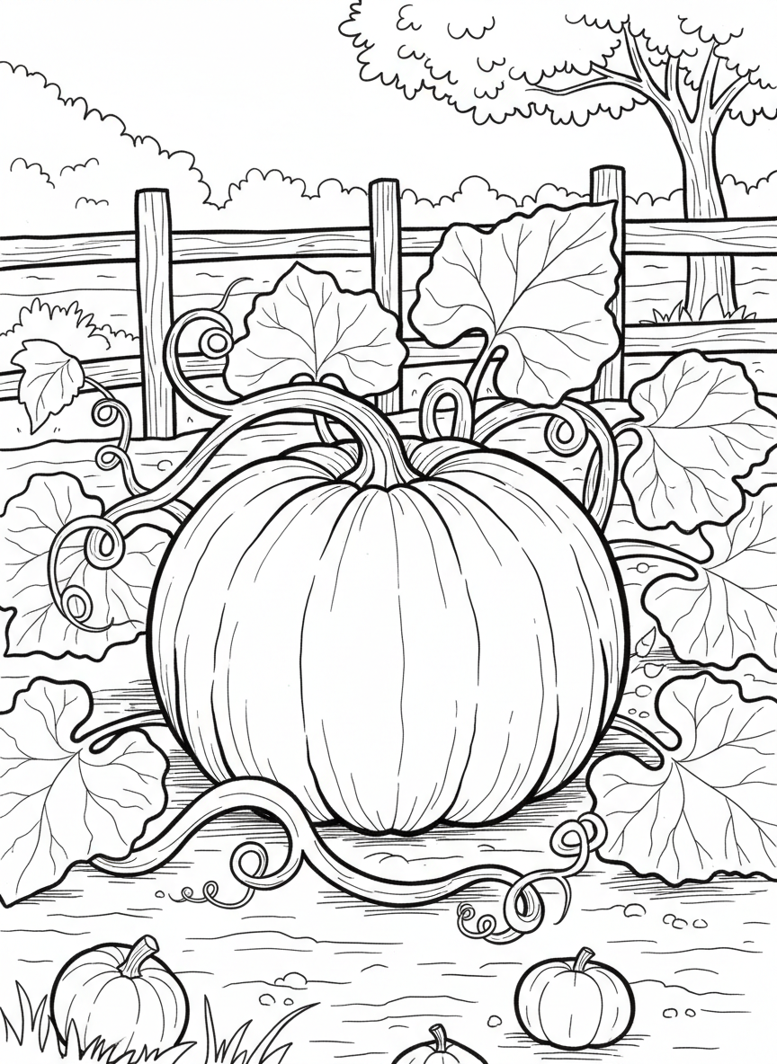 Close-up of a large pumpkin with curving vines and leaves, sitting in a vegetable garden with simple background details
