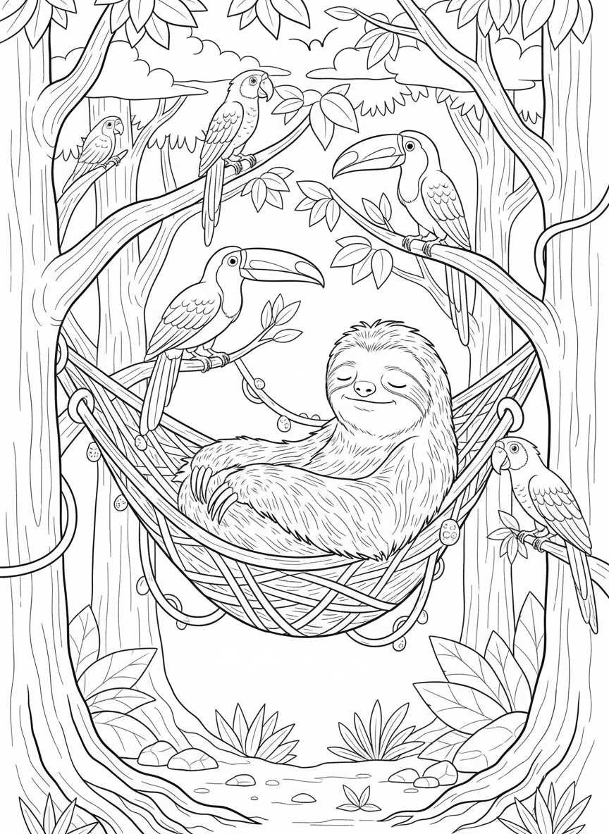 A sloth taking a nap in a hammock made of vines, with toucans and parrots in the trees around it