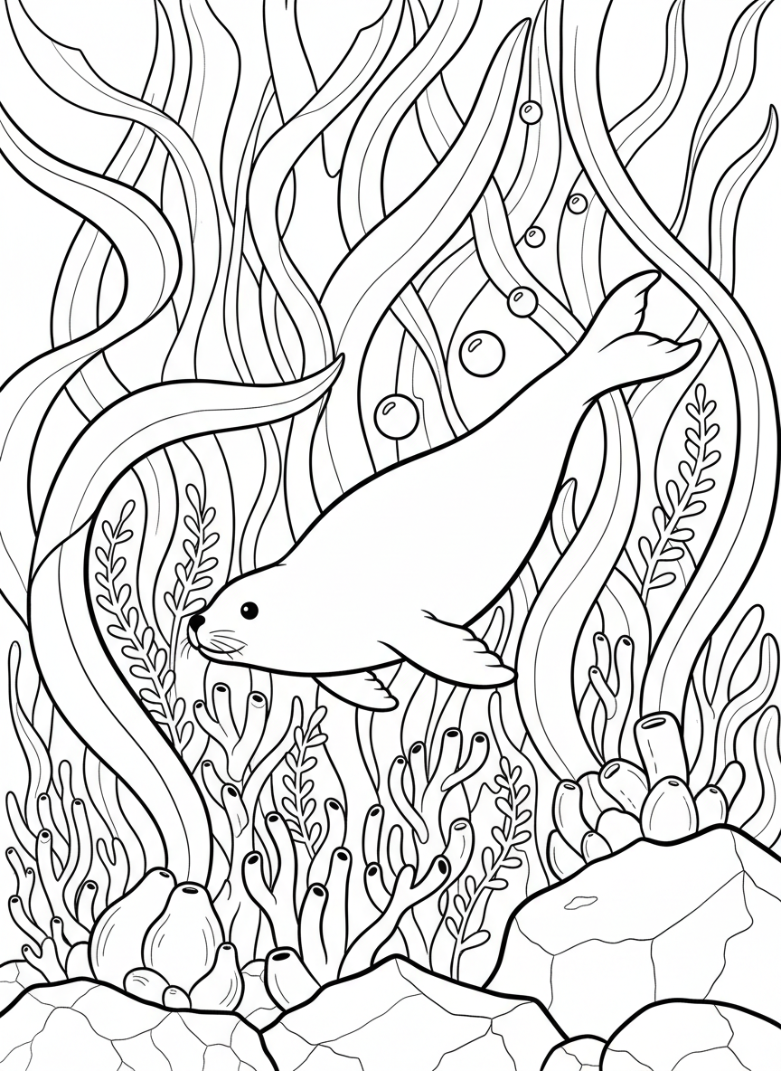 A seal swimming gracefully through kelp forest underwater, bubbles trailing behind, detailed ocean plants around.