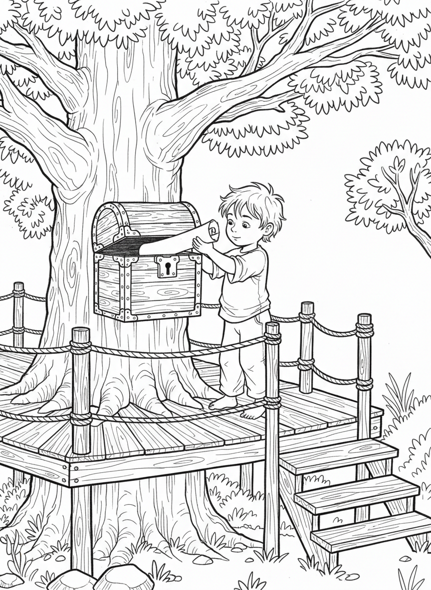 A mailbox designed to look like a treasure chest attached to a treehouse deck, with a child depositing a rolled-up secret message inside.