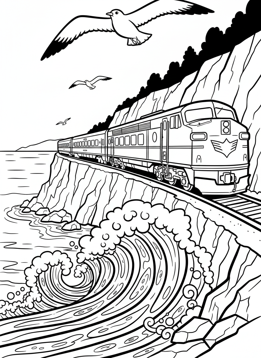 A passenger train with multiple cars traveling along a coastal route with ocean waves and seagulls in the scene