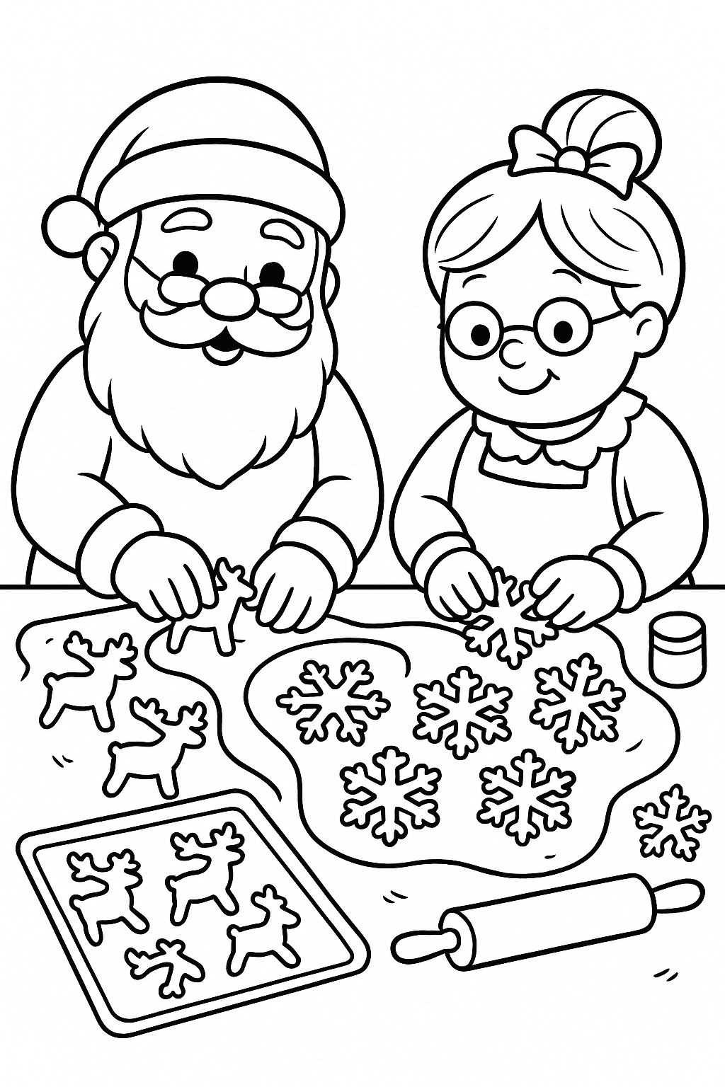 Mr. Claus using reindeer-shaped cookie cutters while Mrs. Claus uses snowflake cutters to create a masterpiece.