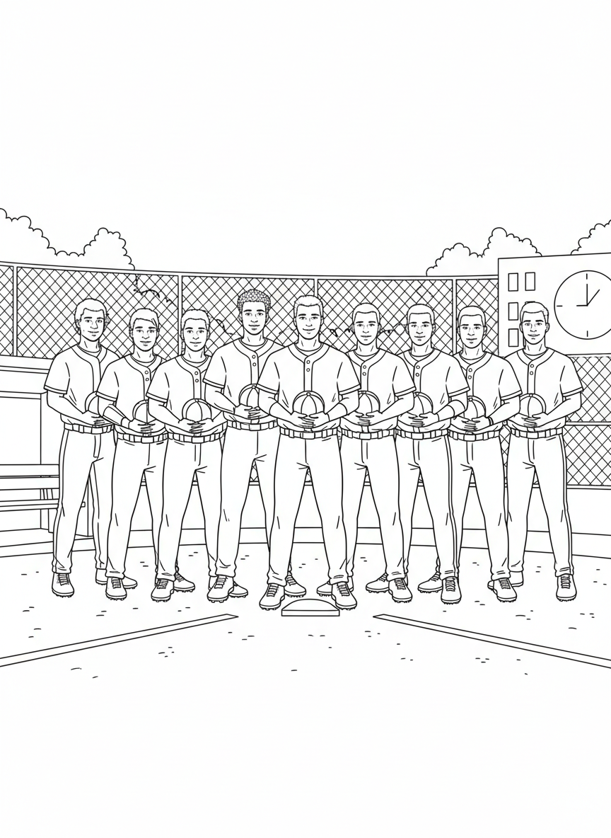 A group of diverse baseball players standing together in a team lineup, each wearing different uniform numbers and holding their caps.