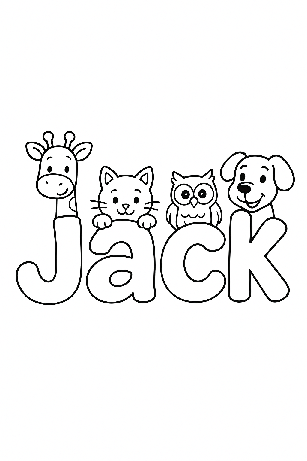 The name “Jack” in bubble letters with cartoon animals peeking out of each letter. make the name all on one line, capitalize only the first letter