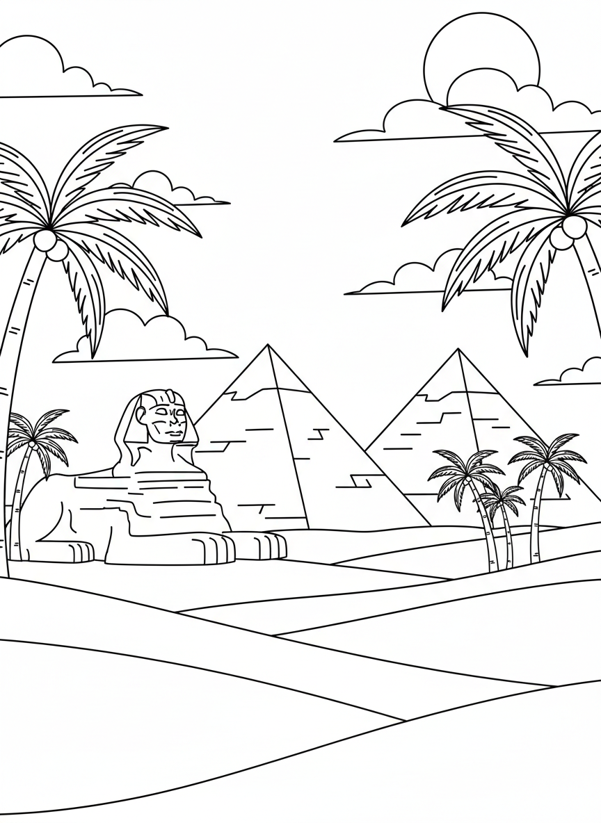 Ancient Egyptian pyramids with a sphinx in the foreground, desert sand and palm trees, clear geometric shapes.