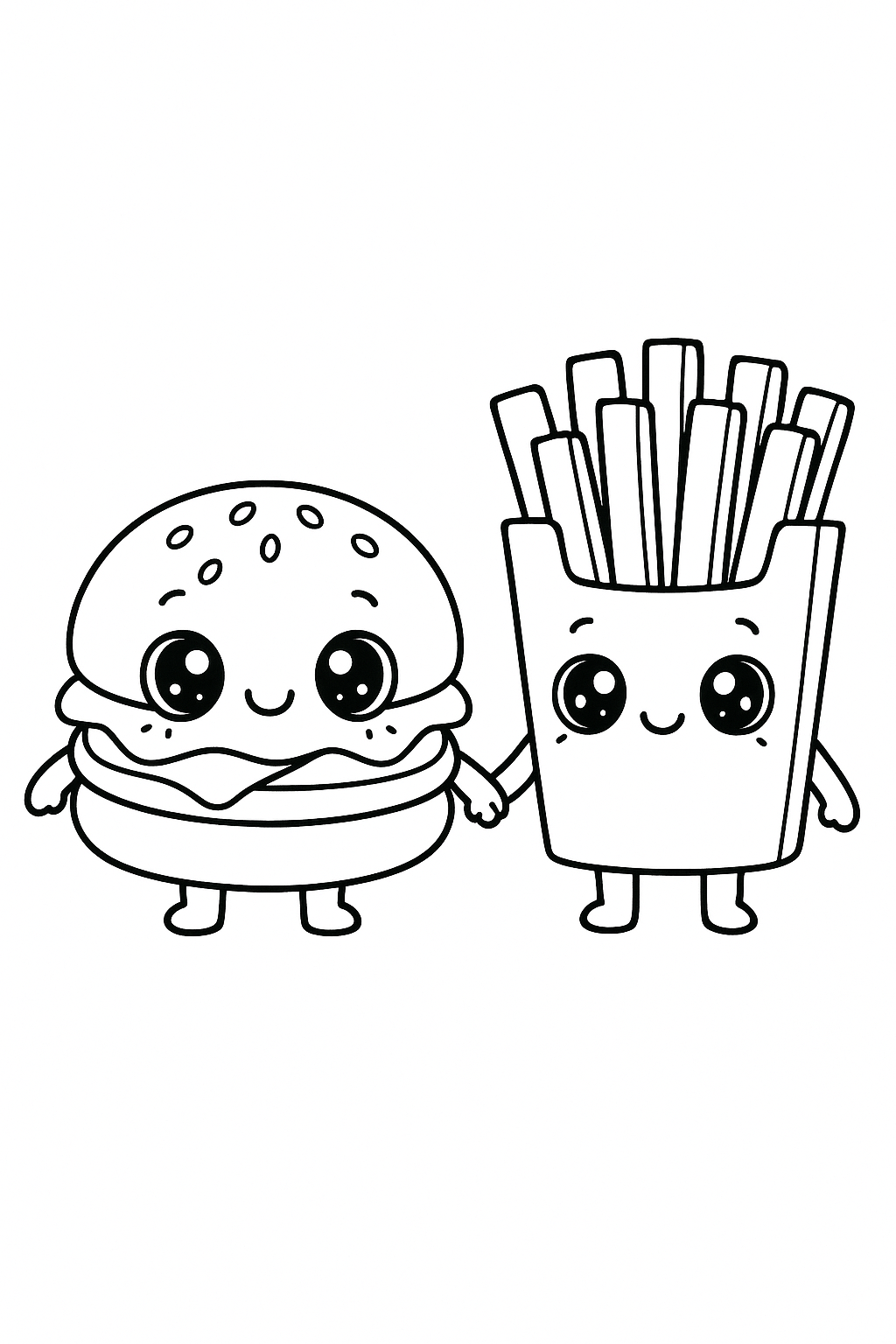 Kawaii Burger & Fries: A cheeseburger and a box of french fries holding hands; both have large, sparkling anime eyes and tiny smiles.