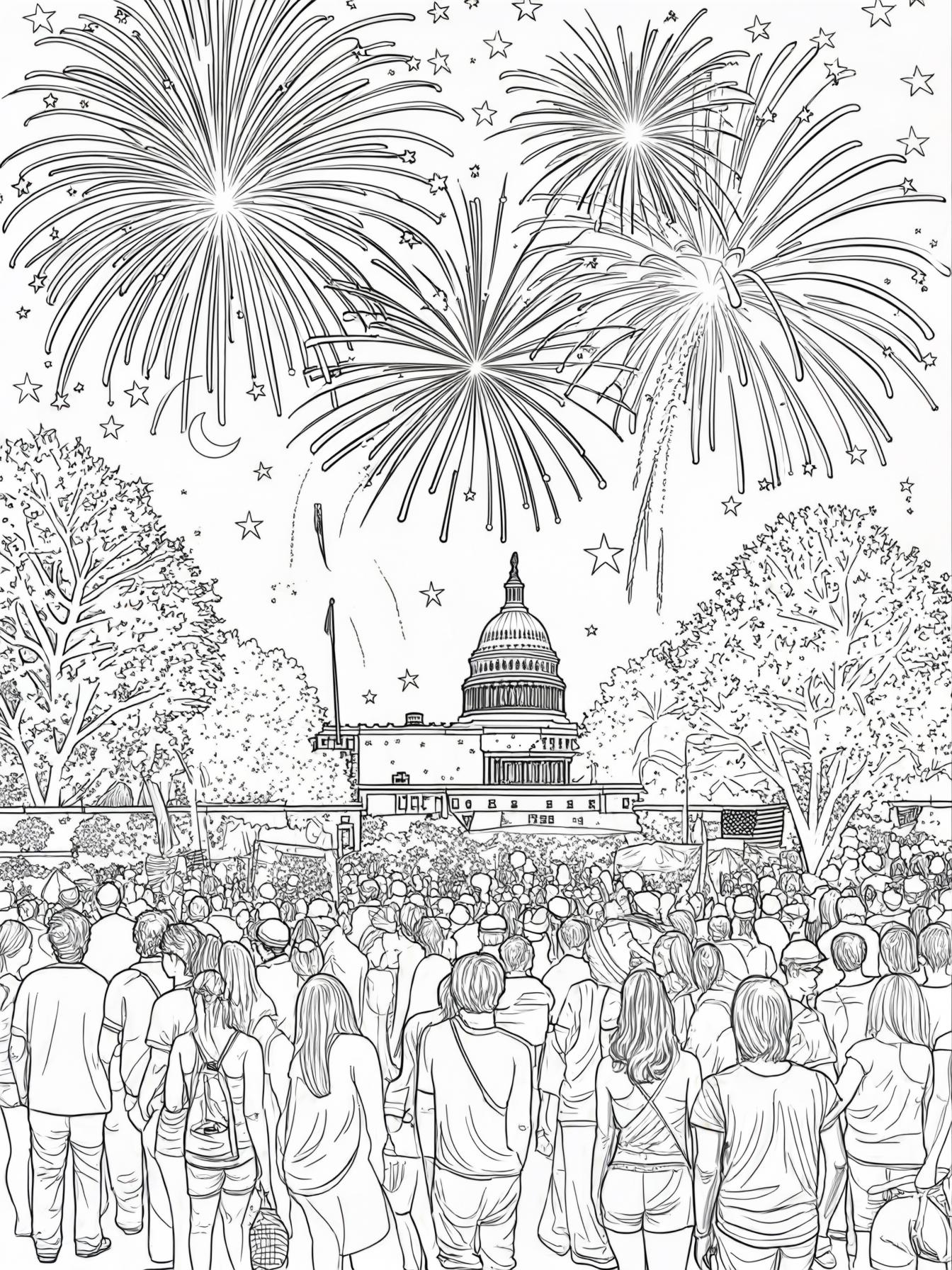 Fourth of July Fireworks coloring page prompts focusing on nighttime celebrations, glowing skies, and shared moments of awe.	A peaceful moment after the show, stars reappearing as crowds begin to disperse.