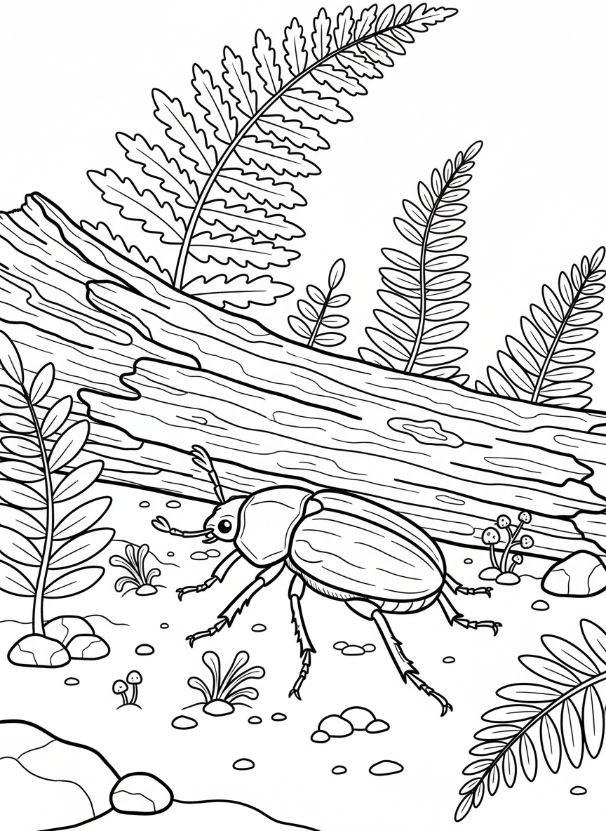 A beetle exploring under a log with ferns and small plants growing nearby, showing a tiny ecosystem habitat.