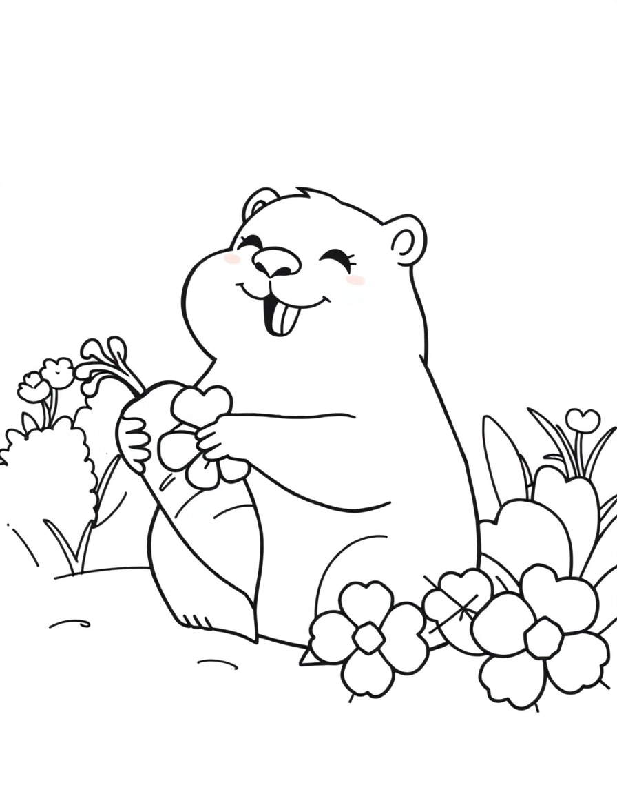Groundhog Day: Garden Snack: A happy groundhog munching on a large carrot/clover in a garden (emphasizing the cute animal aspect).