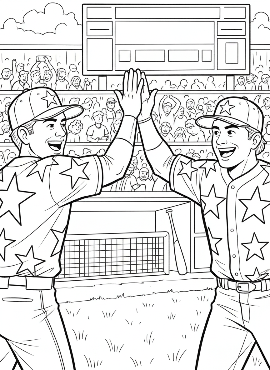 Two baseball players giving a high-five celebration after a home run, both wearing star-decorated uniforms and caps with big smiles.