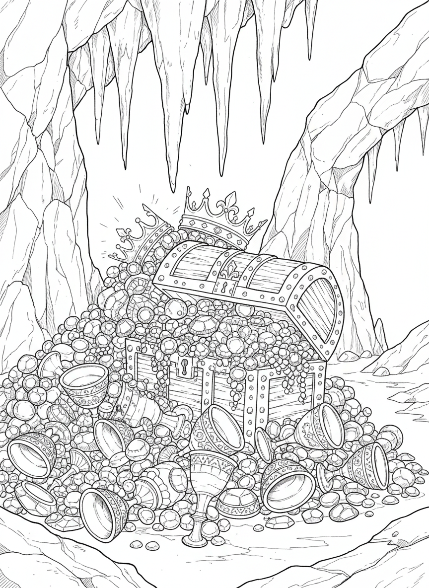 A pile of sparkling gems, crowns, and golden goblets spilling out from a decorated treasure chest in a cave