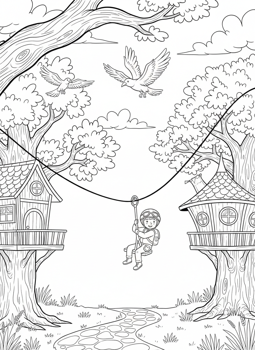 Two treehouses connected by a zip line with a child riding down wearing a helmet, birds flying nearby, cheerful outdoor adventure scene.
