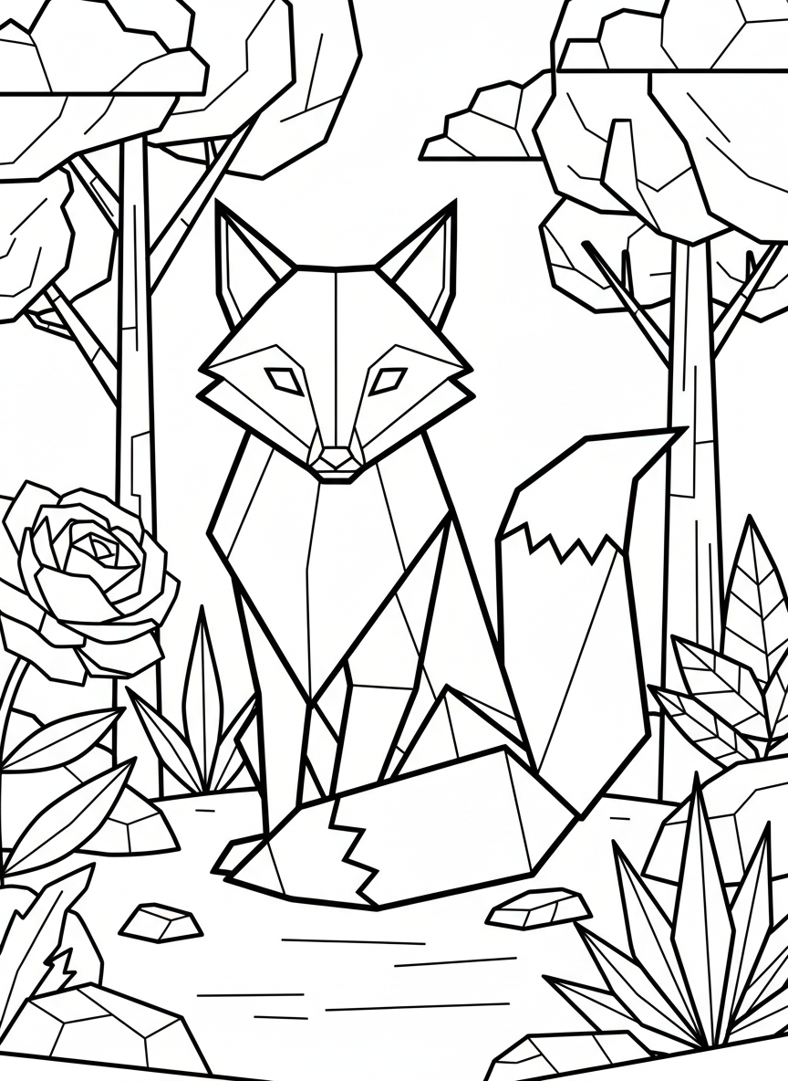 A geometric origami fox sitting upright with angular folded paper features, simple triangular ears and a bushy tail, clean line art for coloring.