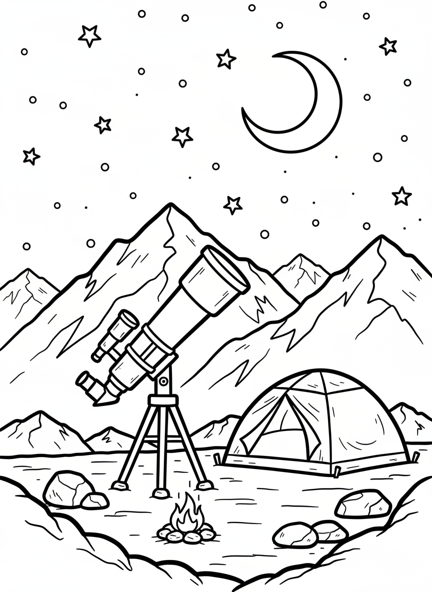 A starry night sky above a mountain campsite, with a telescope pointed upward and a tent silhouette below.