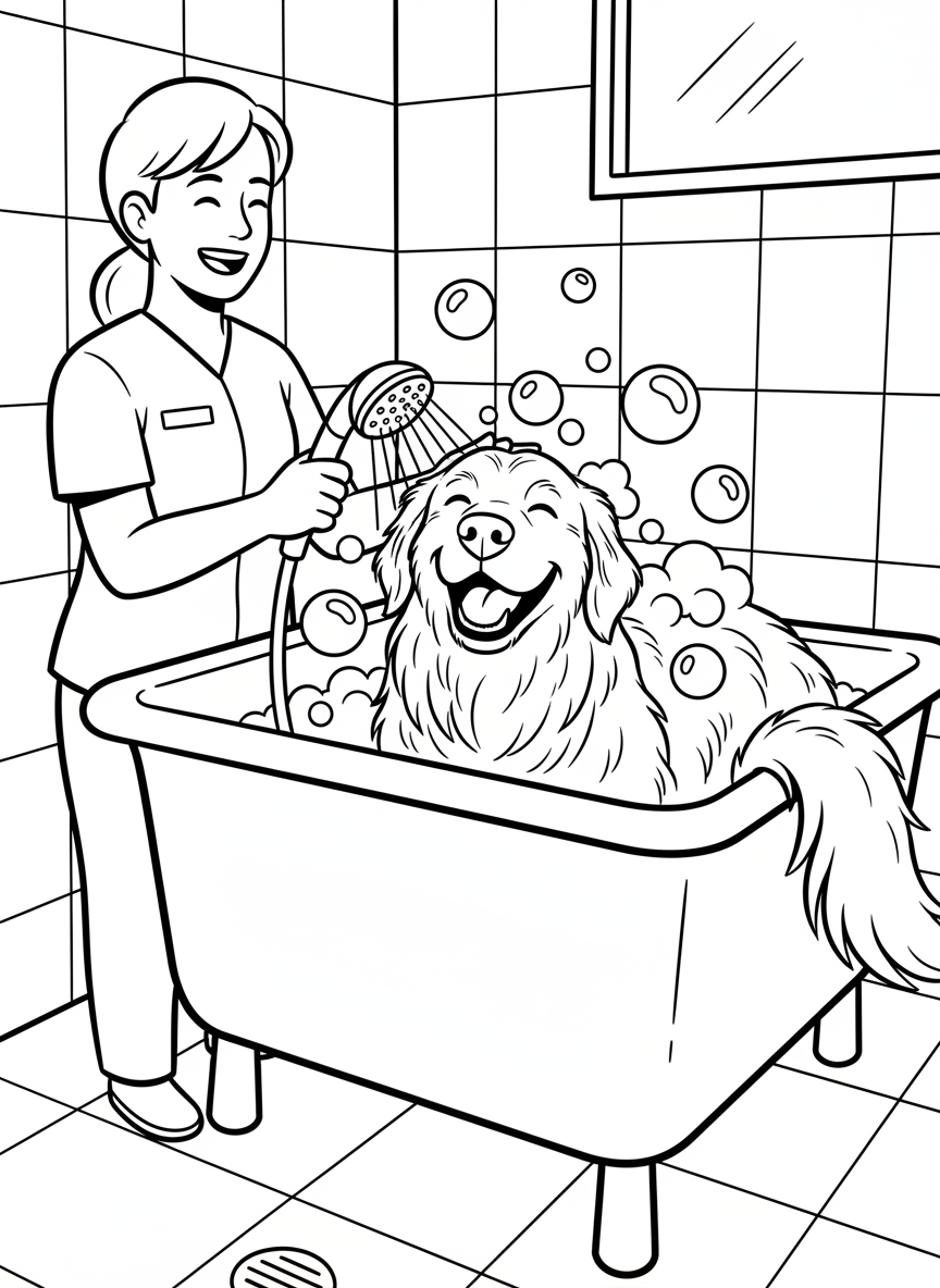 A large dog getting a gentle bath in a veterinary clinic tub with bubbles and a shower head, happy expression