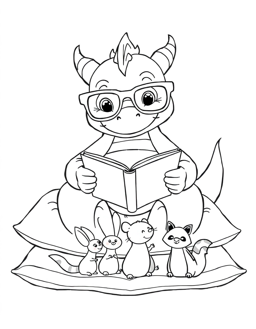 The Storytime Dragon: A chubby, friendly dragon wearing oversized reading glasses, sitting cross-legged on a giant pile of pillows. It is smiling down at an open storybook in its lap, with three smaller woodland animals (a bunny, a squirrel, and a raccoon) listening intently.