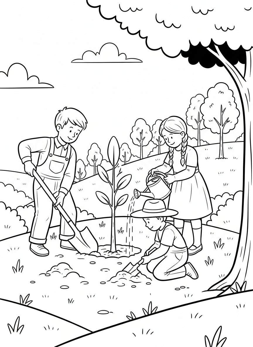 Kids planting a tree together with shovels and watering can, working as a team for nature.