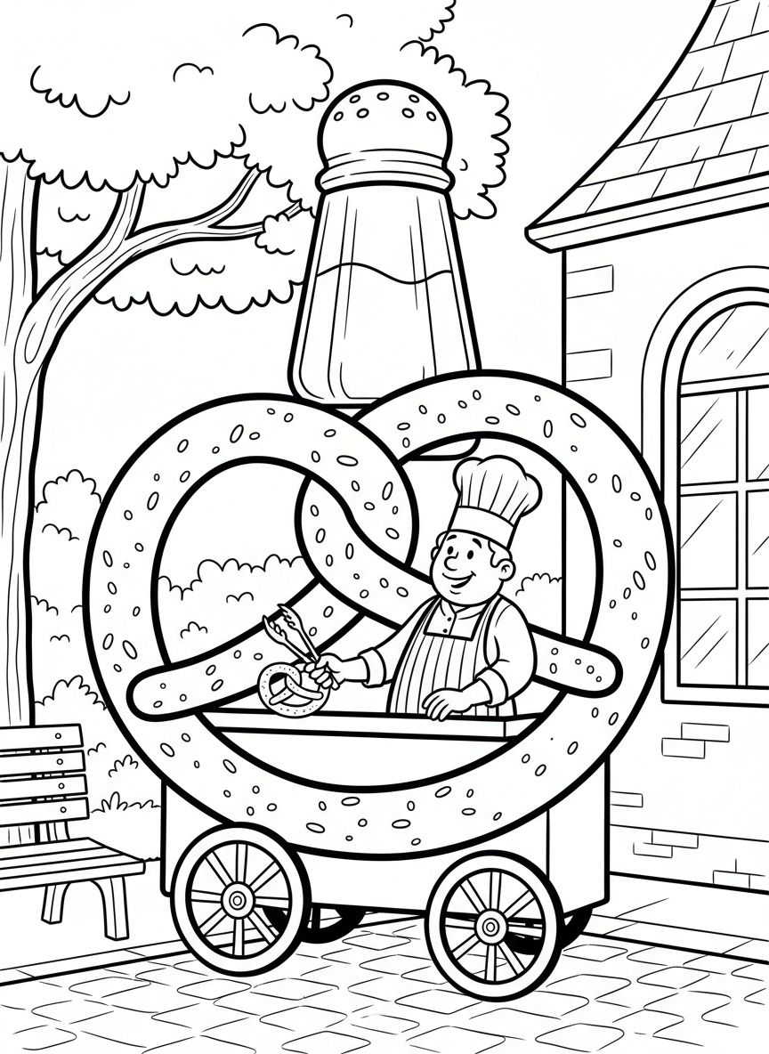 A pretzel cart shaped like a giant pretzel, with a salt shaker decoration and a vendor wearing a traditional baker's hat.