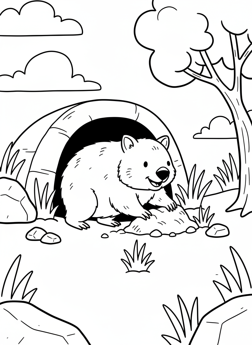 A smiling wombat digging near its burrow entrance, surrounded by grass tufts and small rocks, chunky body and short legs.