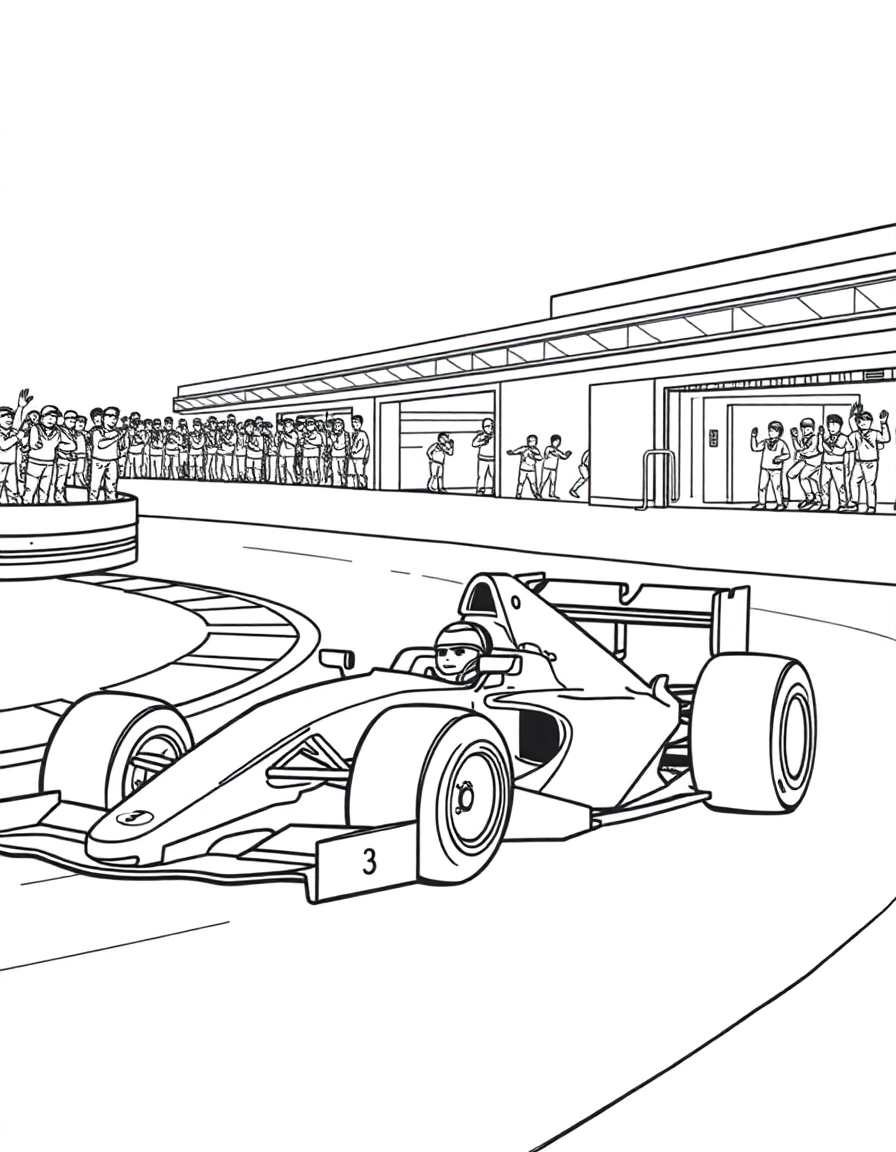 A Formula 1 car zooming around a racetrack corner, pit crew cheering in the background