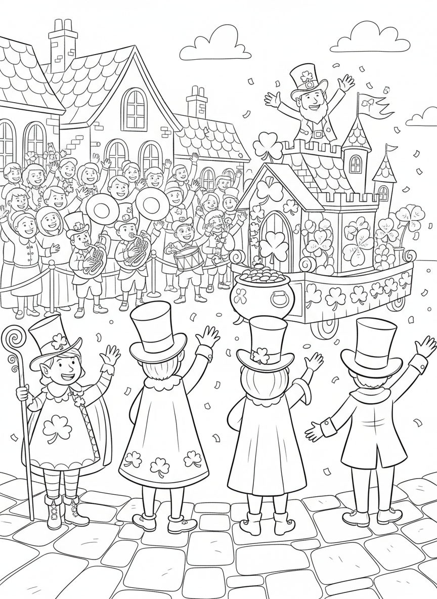 Saint Patrick Parade coloring page prompts featuring marching bands, festive floats, costumes, and lively crowds.	The final parade participants waving goodbye as the celebration slowly comes to a close.