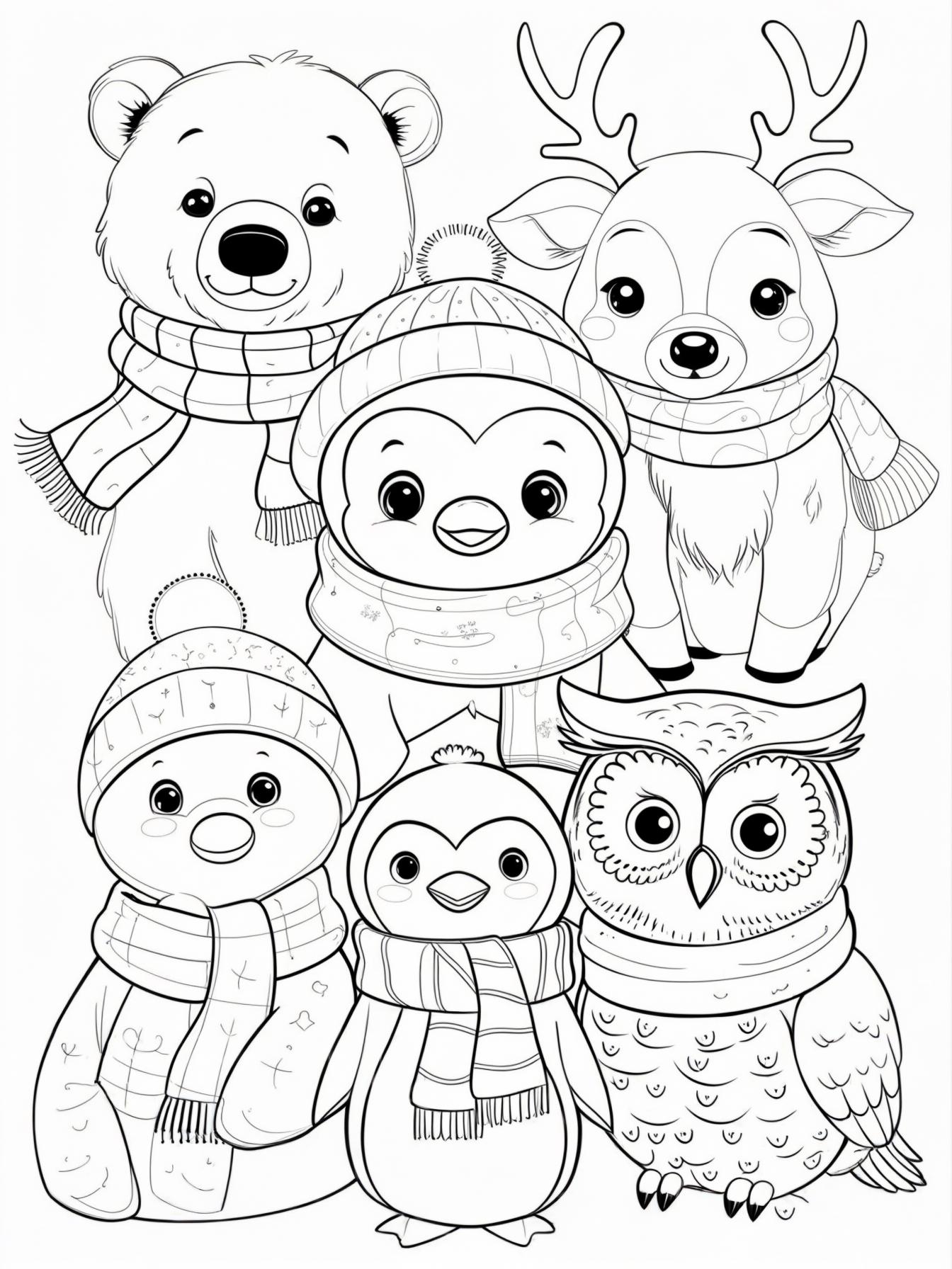 A group of cute, bundled-up winter animals: a polar bear cub, a penguin, a reindeer fawn, and a snowy owl, all looking friendly and cozy.