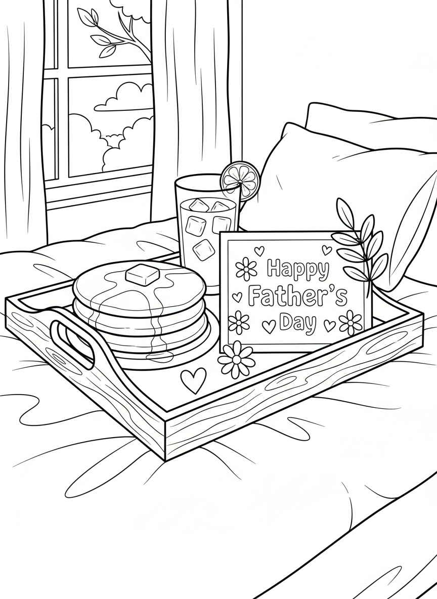 A breakfast tray with pancakes, orange juice, and a card that says 'Happy Father's Day' with hearts and flowers
